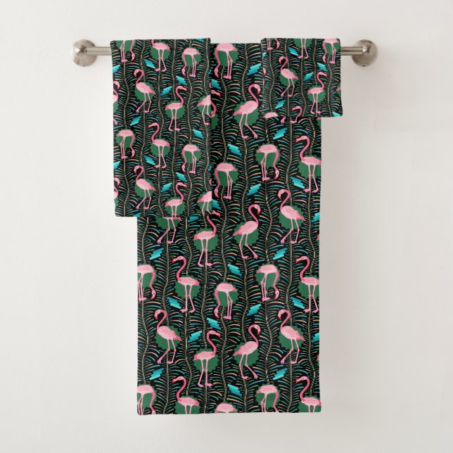 Conjunto De Toalhas Pássaros Flamingo 20s Deco Ferns Padrão Preto Rosa (Insitu)