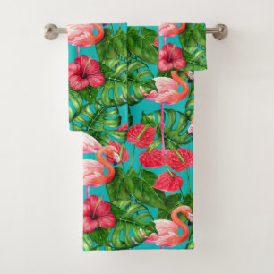 Conjunto De Toalhas Pássaros Flamingo e aquarela de jardim tropical