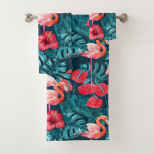 Conjunto De Toalhas Pássaros Flamingo e aquarela de jardim tropical