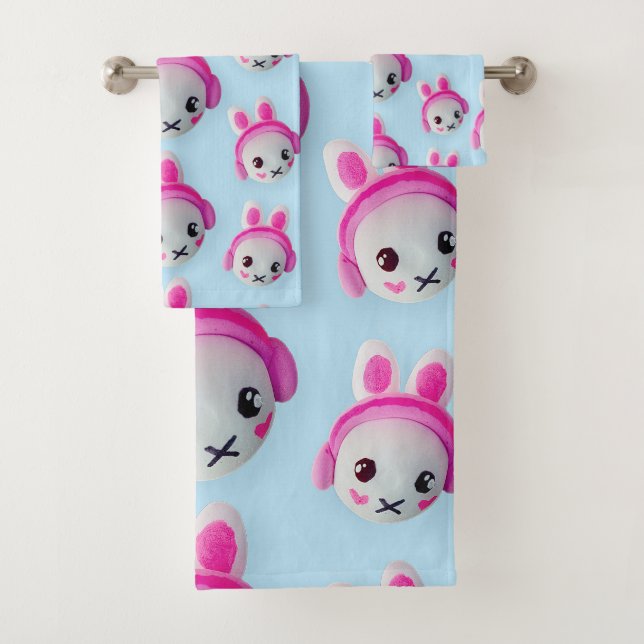Conjunto De Toalhas Pastel Blue & Pink Cartoon Bunny Towel (Insitu)