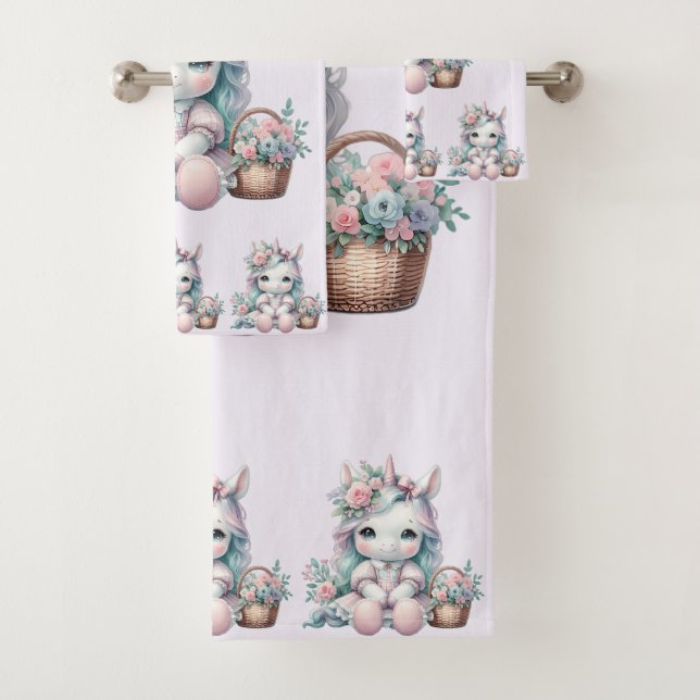 Conjunto De Toalhas Pastel Kawaii Unicorn Doll with Flower Basket (Insitu)