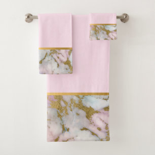 CONJUNTO DE TOALHAS PASTEL MARBLE PINK BATHROOM DOURADO DEFINIDO