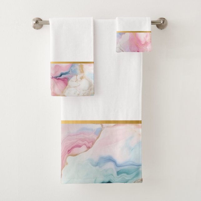 CONJUNTO DE TOALHAS PASTEL OCEAN MARBLE WHITE BANTHROOM TOWEL SET (Insitu)