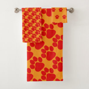 Conjunto De Toalhas Patas de Cachorro Vermelho Laranja