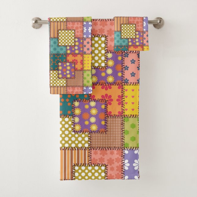 Conjunto De Toalhas Patchwork Pattern Flowers Bolinhas Stripe (Insitu)