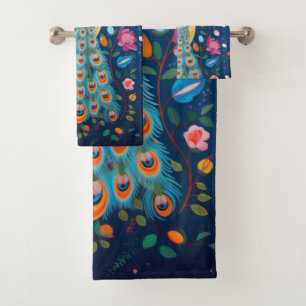 Conjunto De Toalhas Pavão Colorido com Penas Laranja Azul Verde