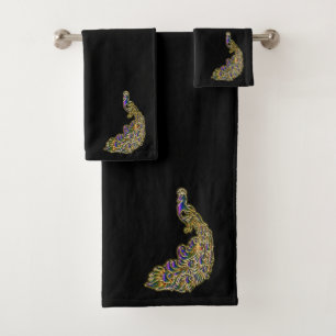 Conjunto De Toalhas Pavão Dourado e roxo que cintila brilhantemente
