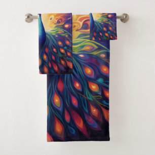 Conjunto De Toalhas Pavão - Penas Amarelas Cor-de-Cor-de-Rosa Azul Cor