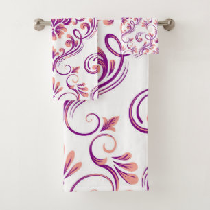 Conjunto De Toalhas Peach e Damasco Roxo Padrão Floral Elegante