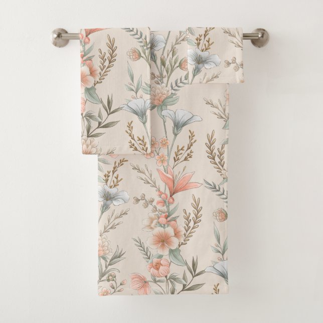 Conjunto De Toalhas Peach e Dusty Blue Floral Garland (Insitu)