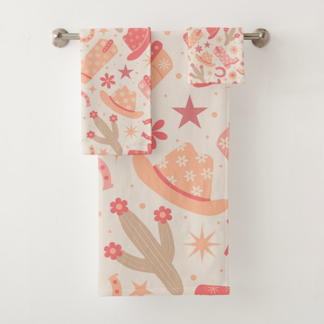 Conjunto De Toalhas Peach Fuzz Groovy Cowgirl Boots and Hats (Insitu)