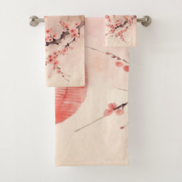 Conjunto De Toalhas Peach Japonês Lanternas Sakura Blossomas