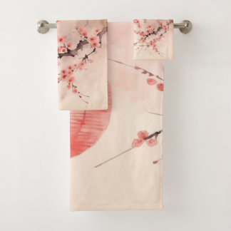 Conjunto De Toalhas Peach Japonês Lanternas Sakura Blossomas