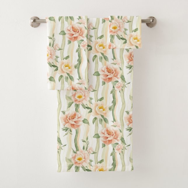 Conjunto De Toalhas Peach Mint Roses Floral Stripes   (Insitu)