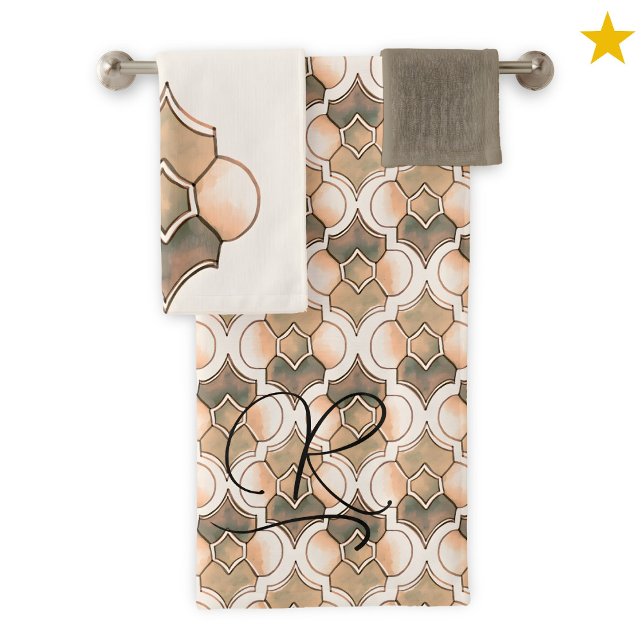 Conjunto De Toalhas Peach Monogram Watercolor Geometric Pattern  (Criador carregado)
