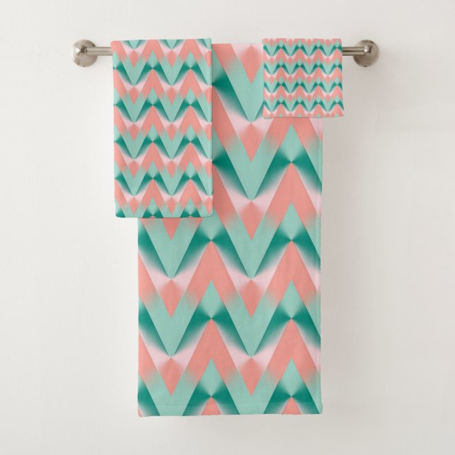 Conjunto De Toalhas Peach Yukka Rosa E Padrão ZigZag Verde (Insitu)