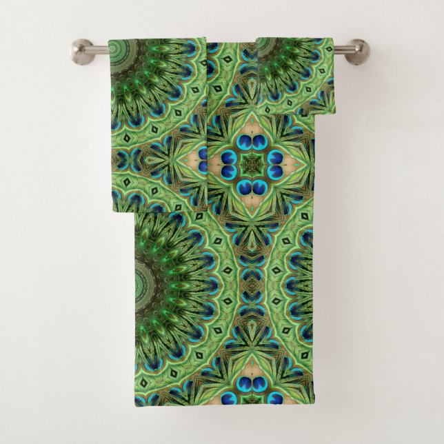 Conjunto De Toalhas Peacock Feather Mandala Emerald e Blue Symtry (Insitu)