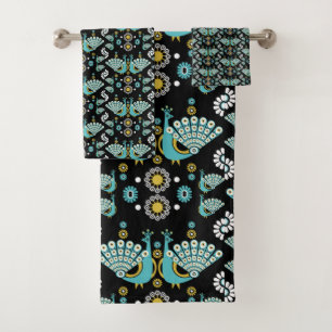 Conjunto De Toalhas Peacock Peafowl Bird Folk Art