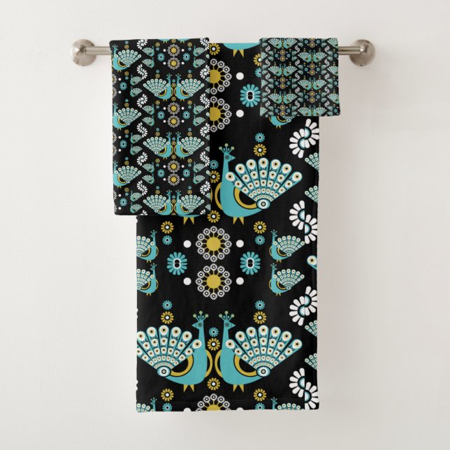 Conjunto De Toalhas Peacock Peafowl Bird Folk Art (Insitu)
