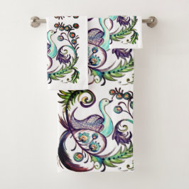 Conjunto De Toalhas Peacock PurpleTurquoise Scroll Chinoiserie exótica