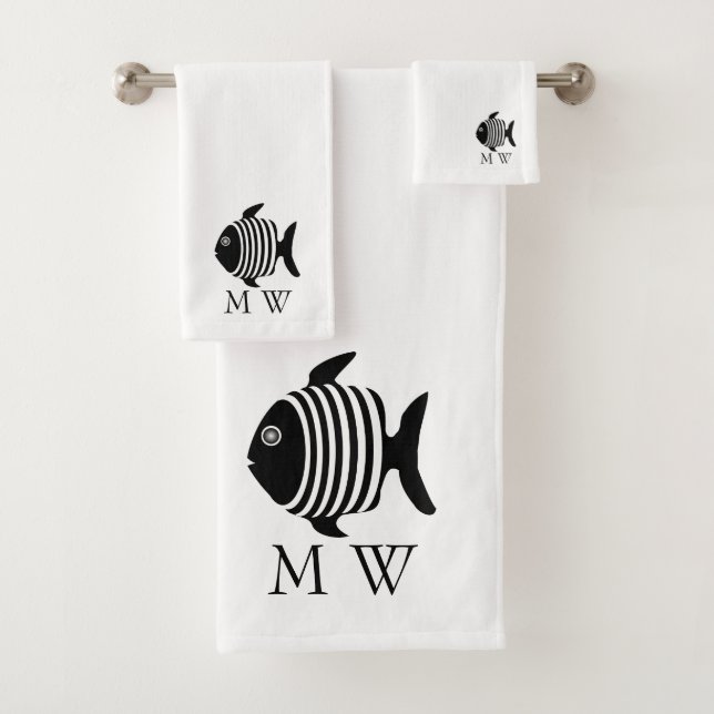 Conjunto De Toalhas Peixe Anjo Preto E Branco Monogramado (Insitu)