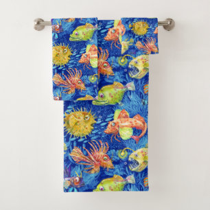 Conjunto De Toalhas Peixe de cor da água engraçado