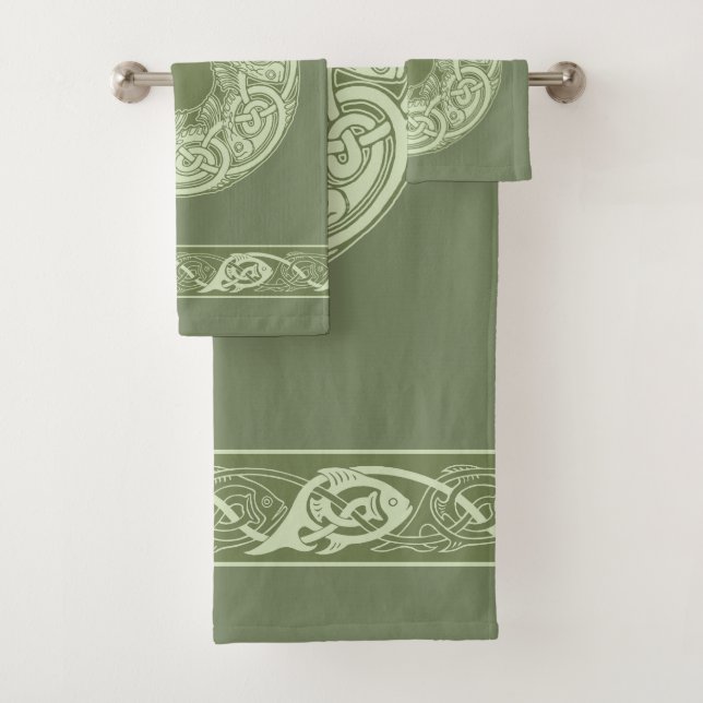 Conjunto De Toalhas Peixe de Knotwork Celta em Verde (Insitu)