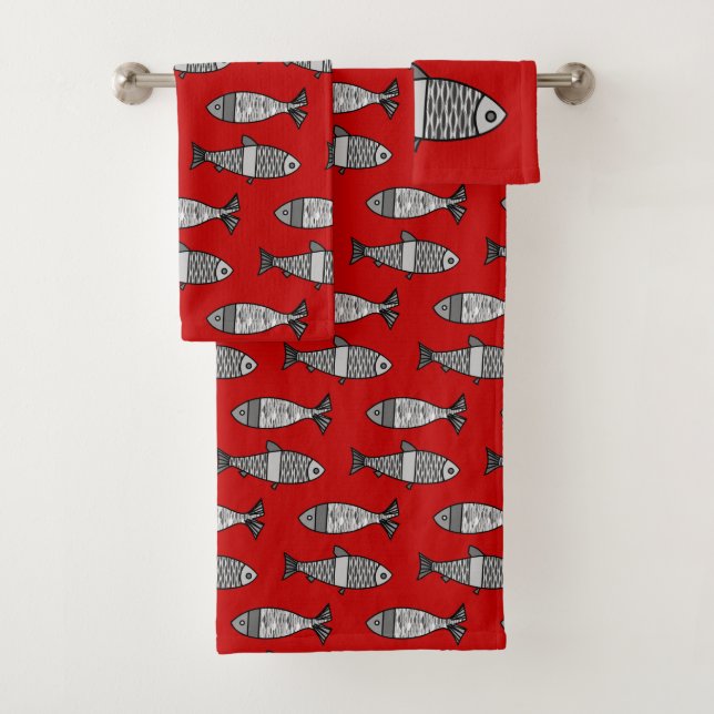 Conjunto De Toalhas Peixe Moderno Retroativo, Vermelho Profundo e Cinz (Insitu)