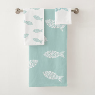 Conjunto De Toalhas Peixe náutico branco e verde-menta
