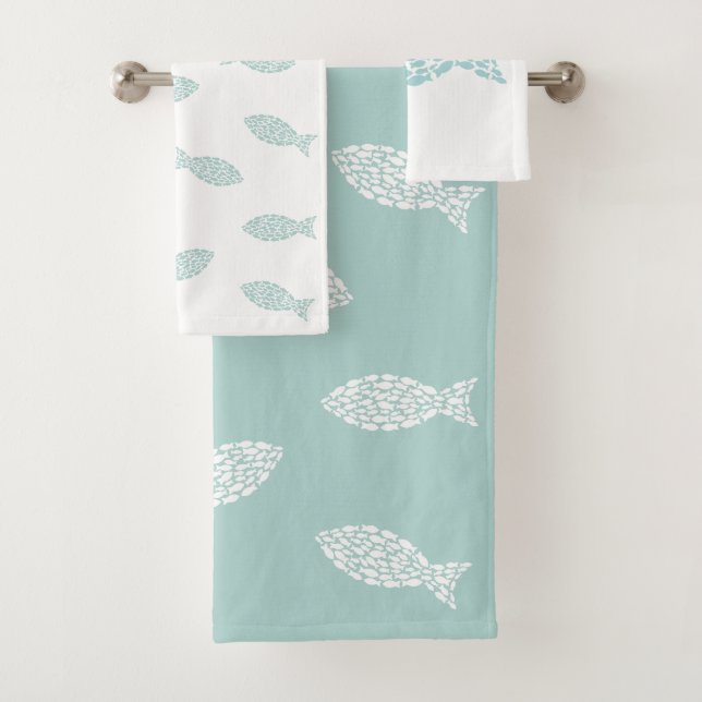 Conjunto De Toalhas Peixe náutico branco e verde-menta (Insitu)