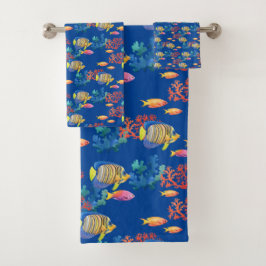 Conjunto De Toalhas Peixe tropical e coral em azul
