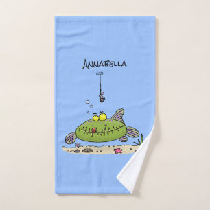 Conjunto De Toalhas Peixe verde gordo engraçado cartoon de pesca com f
