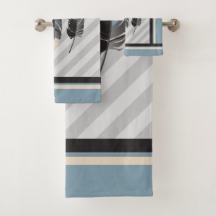 Conjunto De Toalhas Penas de Creme, Cinza e Azul