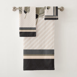 Conjunto De Toalhas Penas de Creme, Cinza e Preto