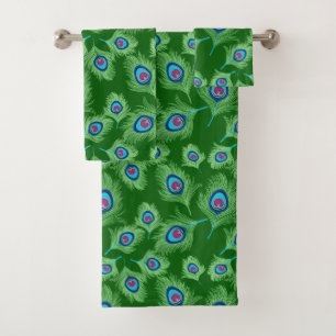 Conjunto De Toalhas Penas de Pavão em Azul e Verde Esmeralda