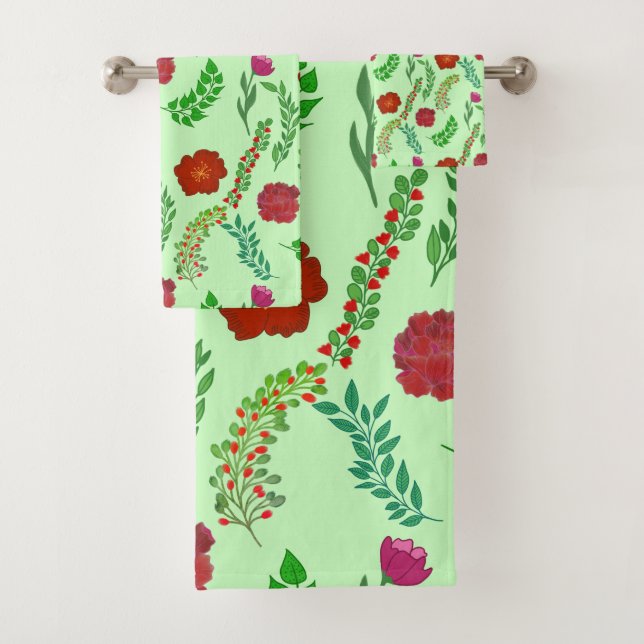 CONJUNTO DE TOALHAS PÊÔNIA VERMELHA E FLORES DE PAPEL COM FOLHAS VERDE (Insitu)