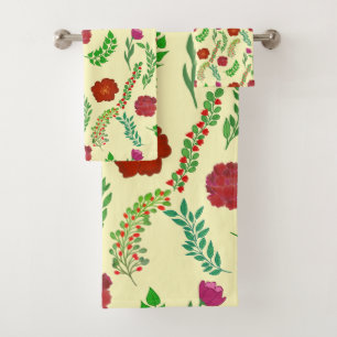 CONJUNTO DE TOALHAS PÊÔNIA VERMELHA E FLORES DE PAPEL COM FOLHAS VERDE