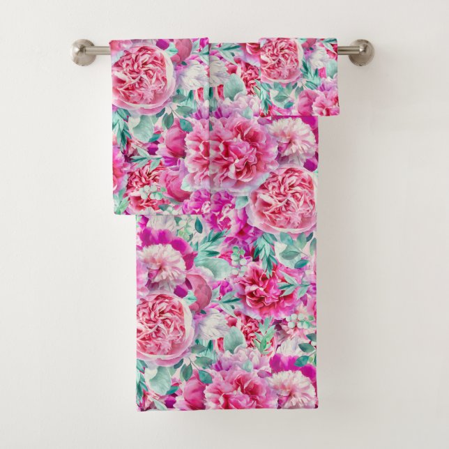 Conjunto De Toalhas Pêonias Rosa Extremas E Folhas De Teto Verde (Insitu)