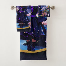 Conjunto De Toalhas Pequena bruxa com olhos grandes e brilhantes.