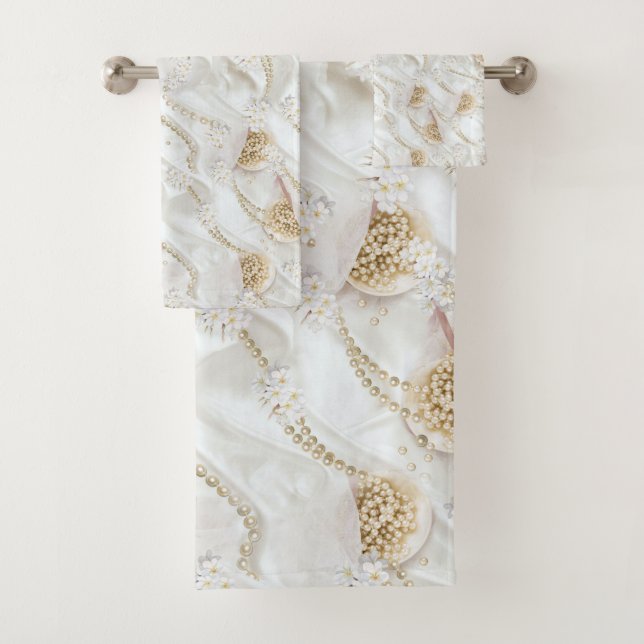 Conjunto De Toalhas Pérolas de Seda Branca e de Marfim (Insitu)