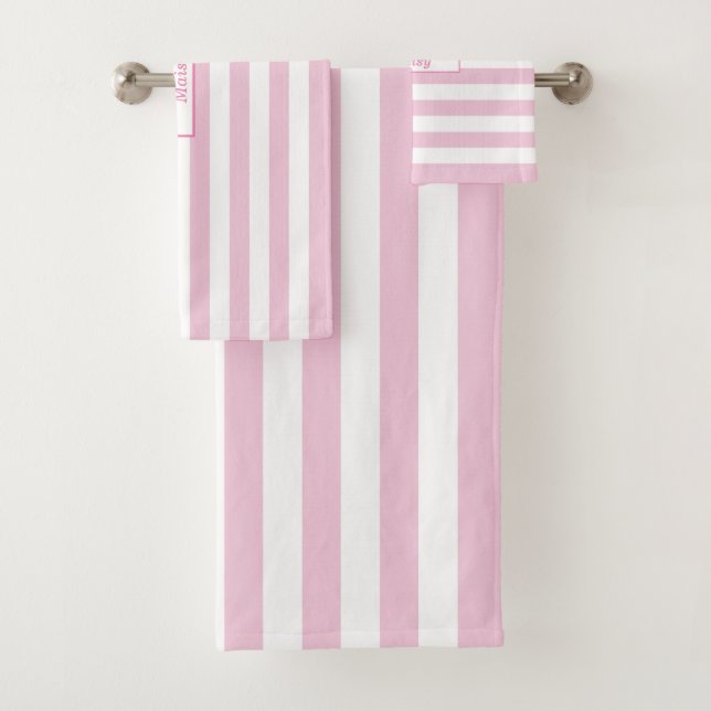 Conjunto De Toalhas Personalizado Rosa e Branco Listrado (Insitu)