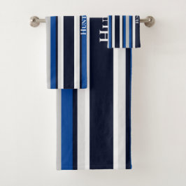 Conjunto De Toalhas Personalizado Simples Azul Marinho Listrado Náutic