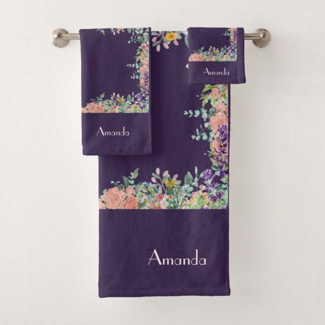 Conjunto De Toalhas Personalizar Borda Floral no Fundo Roxo (Insitu)