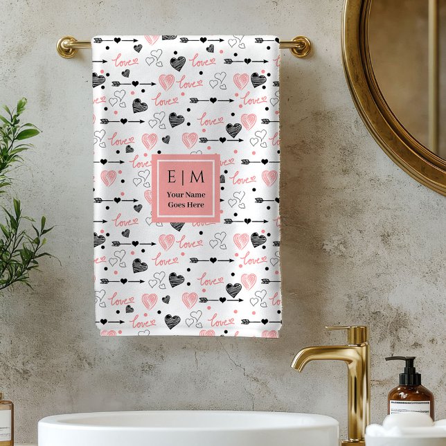 Conjunto De Toalhas Personalized Valentine Bath Towel Pink Black Heart (Personalized Valentine Bath Towel Pink Black Hearts)