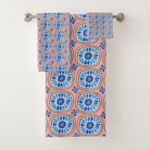Conjunto De Toalhas Pêssego Azul do Azulejo Daisn Retro Round