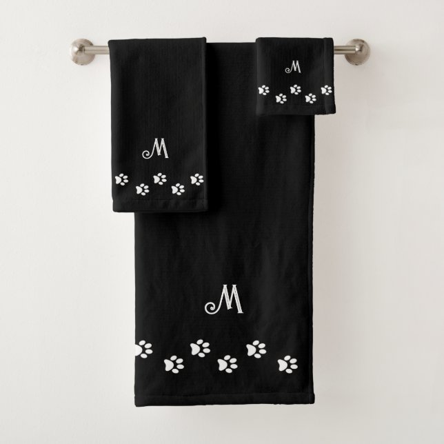 Conjunto De Toalhas Pet Paws & Monogram on Black (Insitu)