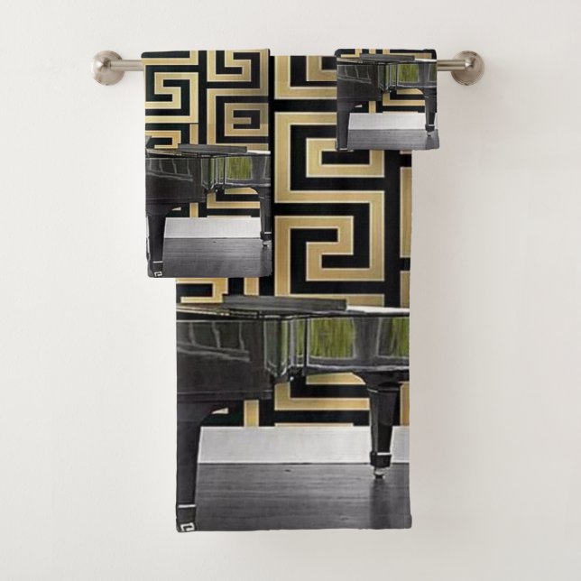 Conjunto De Toalhas Piano de Cauda com Borda de Chave Grega Dourada do (Insitu)