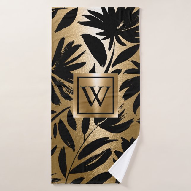 Conjunto De Toalhas Pincel Floral Preta e Ouro (Toalha de Banho)