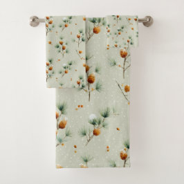 Conjunto De Toalhas Pinecones de inverno e Ramificações de Neve
