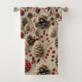 Conjunto De Toalhas Pinecones e Berries Vermelhos